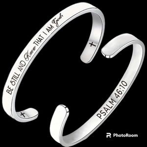New Silver Stainless Steel Engraved Christian Bible Inspirational Cuff Bracelet